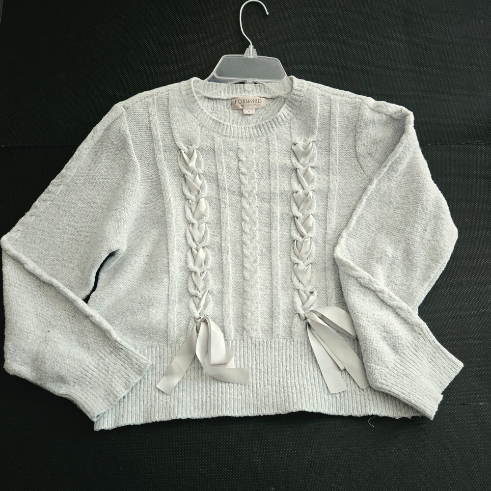 Forward  Cottage Cable Knit Sweater XL Gray EUC Ribbon Lace Up Bows Pullover